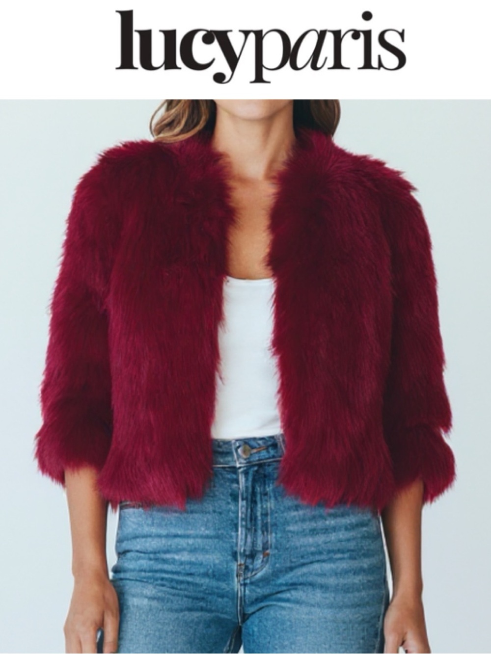 LUCY PARIS BURGUNDY FAUX FUR COAT CROPPED GLAM JACKET 3/4 SLEEVE LUXE SIZE M